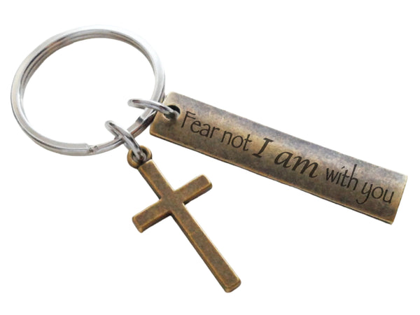 Bronze Cross Charm Keychain with Engraved "Fear Not I am With You" Tag, Religious Christian Keychain