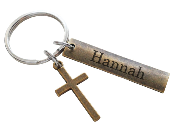 Custom Engraved Bronze Tag Keychain with Bronze Cross Charm, Religious Keychain