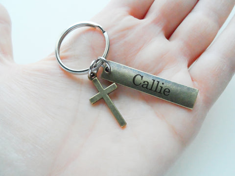 Custom Engraved Bronze Tag Keychain with Bronze Cross Charm, Religious Keychain