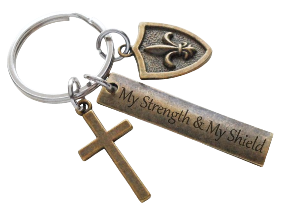 Bronze Shield & Cross Charm Keychain with Engraved Tag Saying "My Strength & My Shield", Religious Keychain
