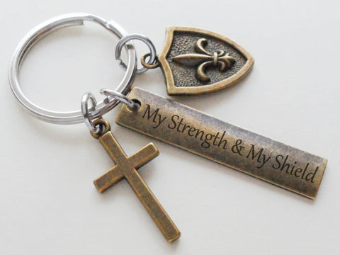 Bronze Shield & Cross Charm Keychain with Engraved Tag Saying "My Strength & My Shield", Religious Keychain