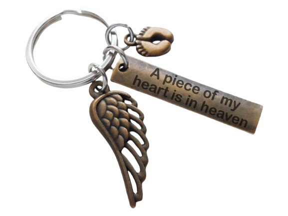 A Piece of My Heart is in Heaven Baby Feet Charm Memorial Keychain, Bronze Engraved Tag, Feet, & Wing Charm