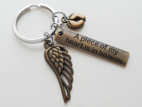 A Piece of My Heart is in Heaven Baby Feet Charm Memorial Keychain, Bronze Engraved Tag, Feet, & Wing Charm