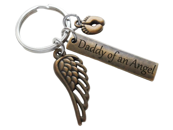 Bronze Memorial Keychain with Daddy of an Angel Tag, Baby Feet & Wing Charm by JewelryEveryday