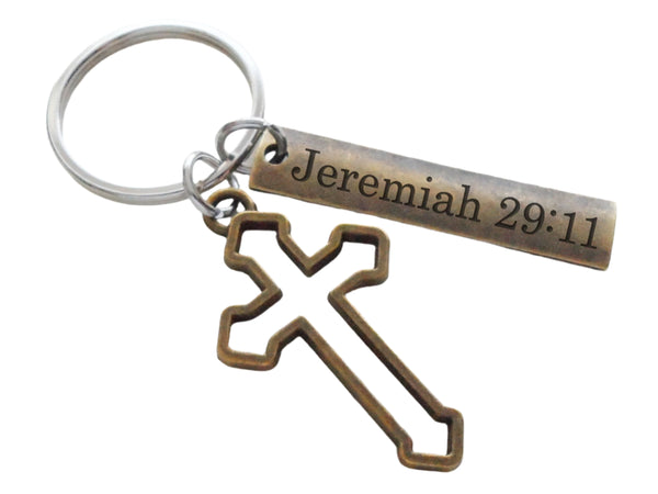 Custom Engraved Bronze Tag Keychain with Bronze Cross Charm, Religious Keychain