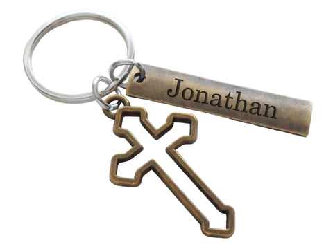 Custom Engraved Bronze Tag Keychain with Bronze Cross Charm, Religious Keychain