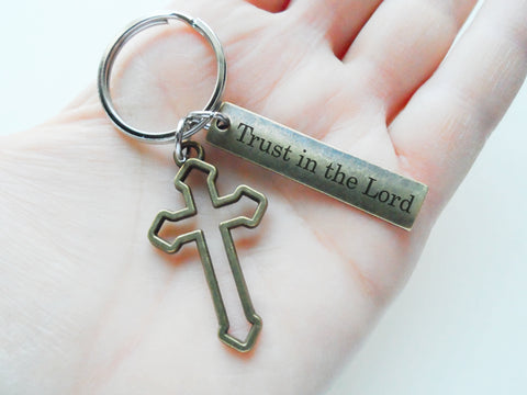 Custom Engraved Bronze Tag Keychain with Bronze Cross Charm, Religious Keychain