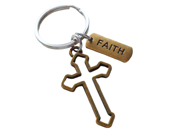 Bronze Cross Charm Keychain with Word Tag Charm, Religious Keychain