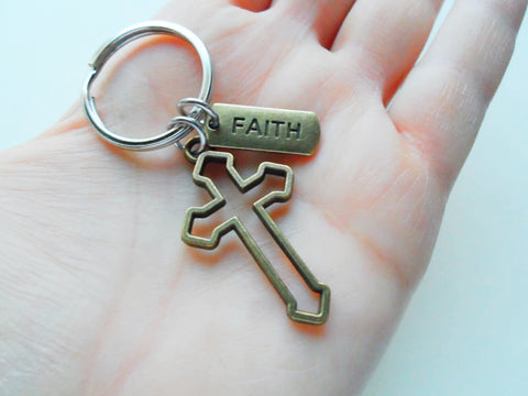 Bronze Cross Charm Keychain with Word Tag Charm, Religious Keychain