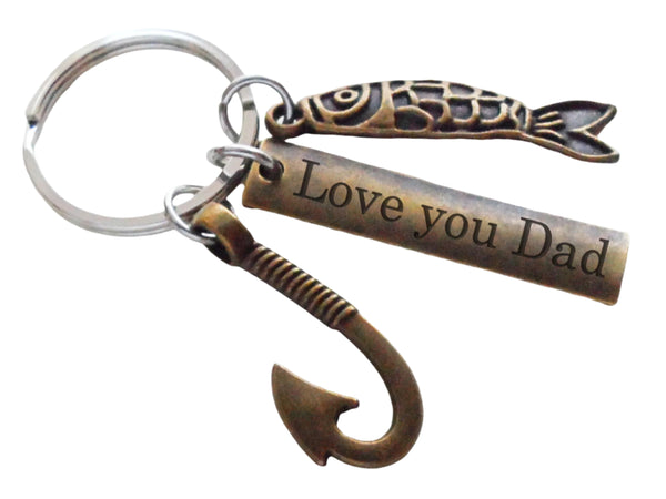 Bronze Fish & Hook Charm Keychain with Custom Engraved Tag