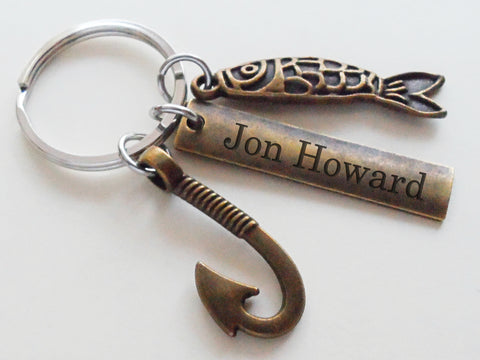 Bronze Fish & Hook Charm Keychain with Custom Engraved Tag
