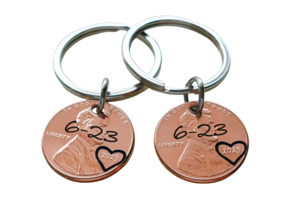 Personalized Set of 2 Penny Keychains Custom Engraved with Selected Font and Heart Around The Year