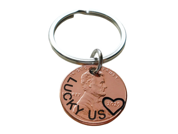 Custom Engraved Along Edge Penny Keychain with Heart Around Year; Couples Anniversary or Other Special Occasion Gift