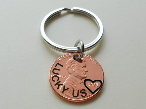 Custom Engraved Along Edge Penny Keychain with Heart Around Year; Couples Anniversary or Other Special Occasion Gift