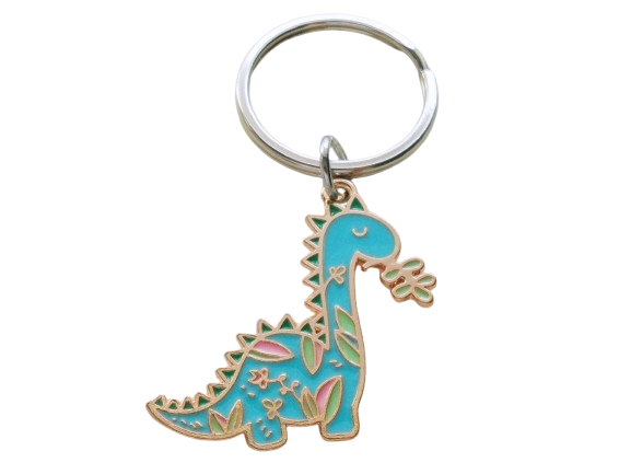 Cute Teal Dinosaur Eating Leaf Charm Keychain, Gift for Paleontologist Student, Dino Charm