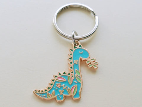 Cute Teal Dinosaur Eating Leaf Charm Keychain, Gift for Paleontologist Student, Dino Charm