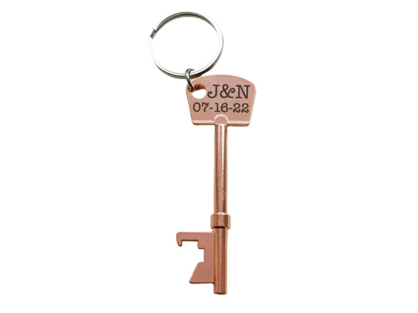 Key Charm Bottle Opener Keychain with Custom Engraving; Couples Anniversary Keychain