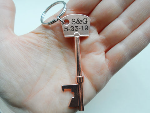 Key Charm Bottle Opener Keychain with Custom Engraving; Couples Anniversary Keychain