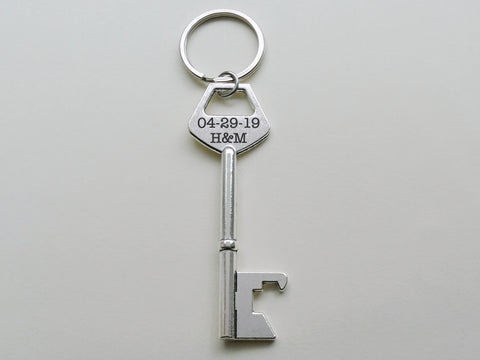 Key Charm Bottle Opener Keychain with Custom Engraving; Couples Anniversary Keychain