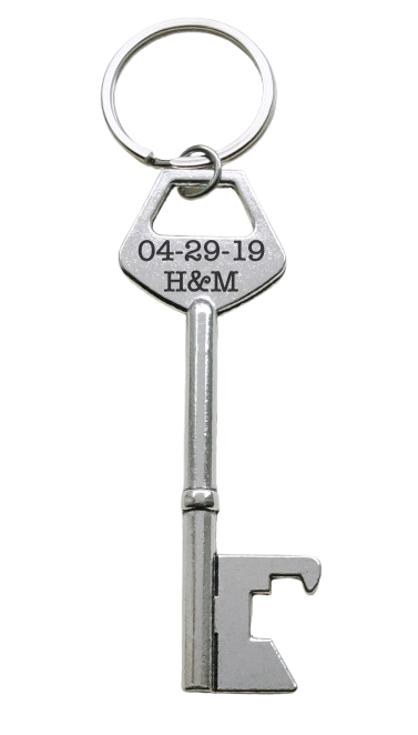 Key Charm Bottle Opener Keychain with Custom Engraving; Couples Anniversary Keychain