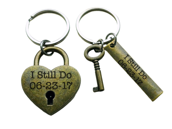 Custom Engraved Bronze Lock Keychain and Key Charm Keychain with Engraved Tag