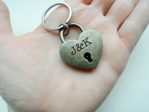Custom Engraved Bronze Lock Keychain and Key Charm Keychain with Engraved Tag