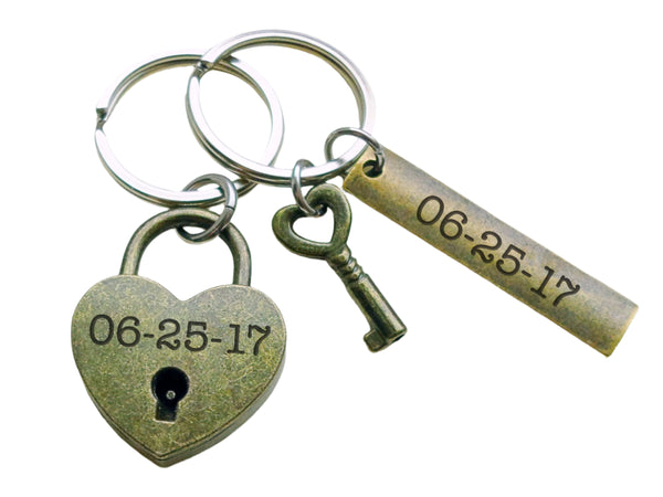 Custom Engraved Bronze Smaller Lock Keychain and Heart Key Charm Keychain with Engraved Tag