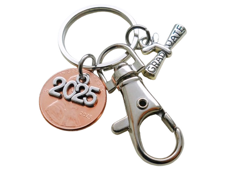 Graduation Penny Keychain with 2025 or 2026 Charm Over a 2025 Penny, Graduate Scroll Charm & Swivel Clasp by Jewelry Everyday