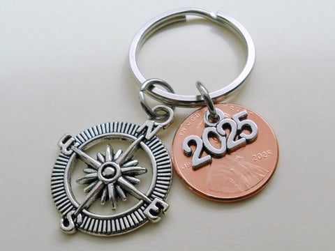 Graduation Penny Keychain with 2025 or 2026 Charm Over a 2025 Penny & Compass Charm