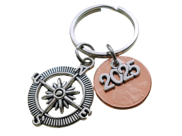 Graduation Penny Keychain with 2025 or 2026 Charm Over a 2025 Penny & Compass Charm