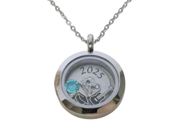 Custom Graduate Circle Floating Charm Locket Necklace, Stainless Steel Locket, Class of 2025 Gift (Plain Edge 25mm Locket)