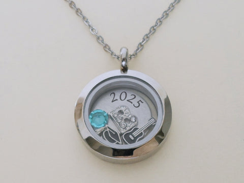 Custom Graduate Circle Floating Charm Locket Necklace, Stainless Steel Locket, Class of 2025 Gift (Plain Edge 25mm Locket)