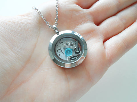 Custom Graduate Circle Floating Charm Locket Necklace, Stainless Steel Locket, Class of 2026 Gift (Plain Edge 25mm Locket)