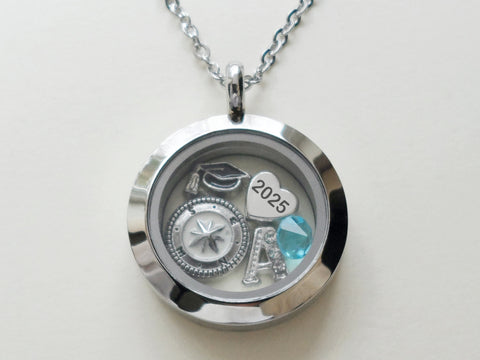 Class of 2025 Graduate Locket Necklace with Graduate Cap, 2025 Heart Charm, and Custom Letter & Birthstone - by Jewelry Everyday (Plain Edge Silver Locket)