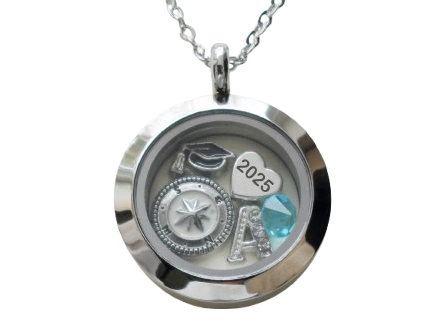 Class of 2025 Graduate Locket Necklace with Graduate Cap, 2025 Heart Charm, and Custom Letter & Birthstone - by Jewelry Everyday (Plain Edge Silver Locket)