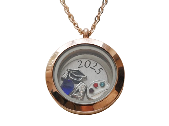 Custom Graduate Circle Floating Charm Locket Necklace, Stainless Steel Locket, Class of 2025 Gift (Rose Gold Plain Edge 25mm Locket)