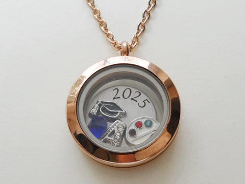 Custom Graduate Circle Floating Charm Locket Necklace, Stainless Steel Locket, Class of 2025 Gift (Rose Gold Plain Edge 25mm Locket)