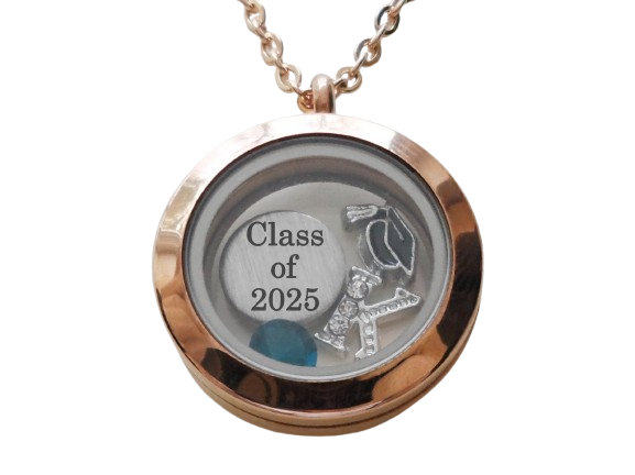 Class of 2025 Graduate Locket Necklace with Graduate Cap, "Class of 2025" Disc Charm, and Custom Letter & Birthstone - by Jewelry Everyday