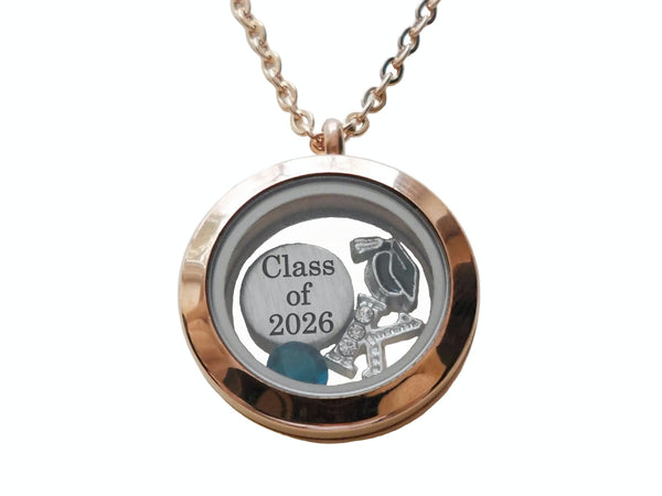 Custom Graduate Circle Floating Charm Locket Necklace, Stainless Steel Locket, Class of 2026 Gift (Rose Gold Plain Edge 25mm Locket)
