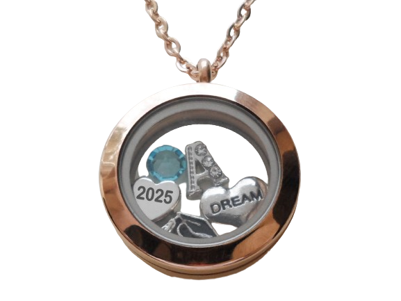 Class of 2025 Graduate Locket Necklace with Graduate Cap, 2025 Heart Charm, and Custom Letter & Birthstone - by Jewelry Everyday (Rose Gold Plain Edge Locket)