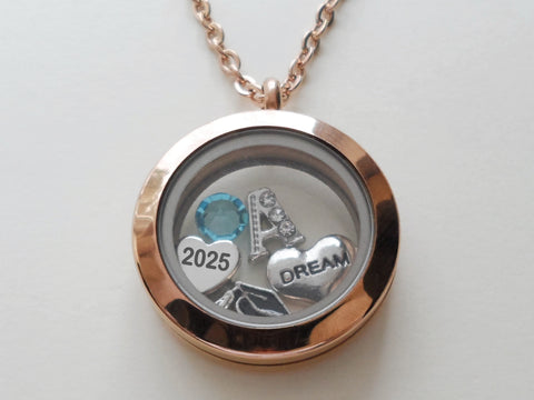 Class of 2025 Graduate Locket Necklace with Graduate Cap, 2025 Heart Charm, and Custom Letter & Birthstone - by Jewelry Everyday (Rose Gold Plain Edge Locket)