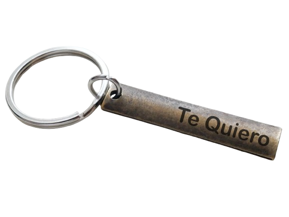 Small Antique Bronze Tag Keychain Engraved with "Te Quiero" (I Love You) in Spanish, Couples Keychain