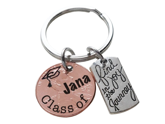 Custom Engraved Graduation 2025 Penny Keychain with Engraved "Class of" and Personalized Name, & Find Joy in the Journey Charm, Graduate Keychain