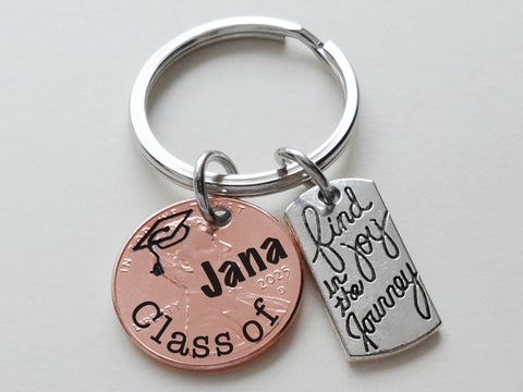 Custom Engraved Graduation 2025 Penny Keychain with Engraved "Class of" and Personalized Name, & Find Joy in the Journey Charm, Graduate Keychain