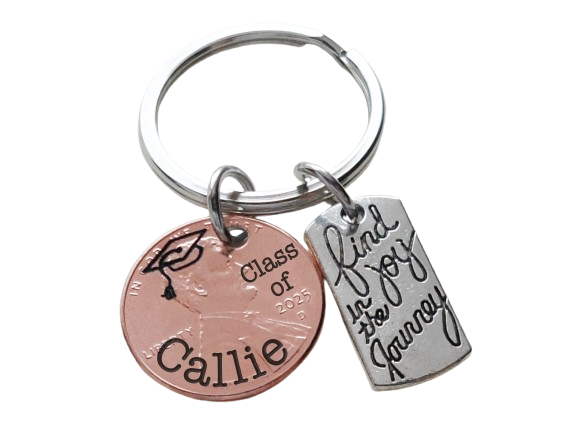 Custom Engraved Graduation 2025 Penny Keychain with Engraved "Class of" and Personalized Name, & Find Joy in the Journey Charm, Graduate Keychain