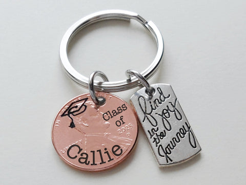 Custom Engraved Graduation 2025 Penny Keychain with Engraved "Class of" and Personalized Name, & Find Joy in the Journey Charm, Graduate Keychain
