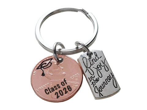 Custom Engraved Graduation Penny Keychain with Engraved Graduate Cap & "Class of 2026" with Find Joy in the Journey Charm, Graduate Keychain