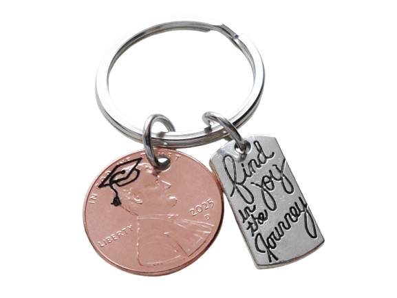 Custom Engraved Graduation 2025 Penny Keychain with Engraved Graduate Cap & Find Joy in the Journey Charm, Graduate Keychain