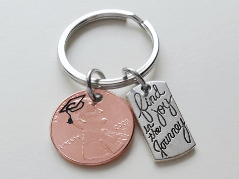Custom Engraved Graduation 2025 Penny Keychain with Engraved Graduate Cap & Find Joy in the Journey Charm, Graduate Keychain