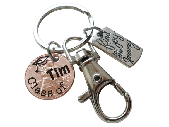 "Class Of" Engraved 2025 Penny Keychain with Engraved Graduate Cap & Name, with Find Joy in the Journey Charm and Clasp